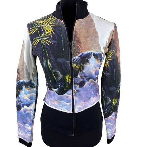 Crystal Tara Tropical Scene Sweatshirt Jacket Size S Boho Cropped - Picture 1 of 6